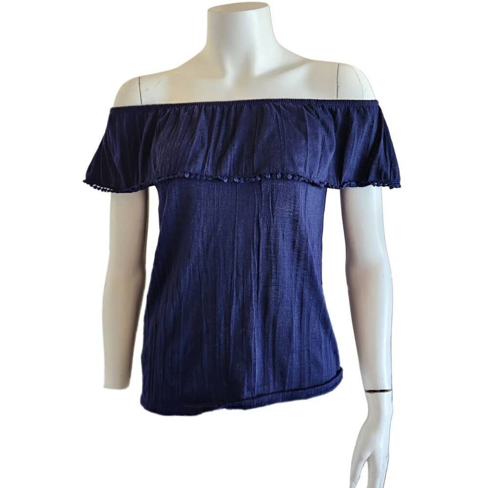 Just Be womens small navy blue off shoulder pom pom blouse Mexican style